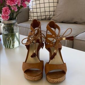 G by Guess Suede Fringe Lace Up Wedge Heels
